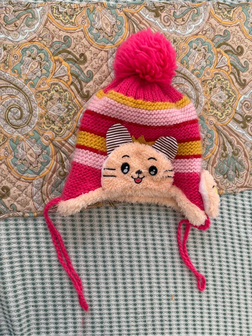 Girls' Crochet Winter Hat Pink Striped Cat Pom Pom Winter Hat Beanie